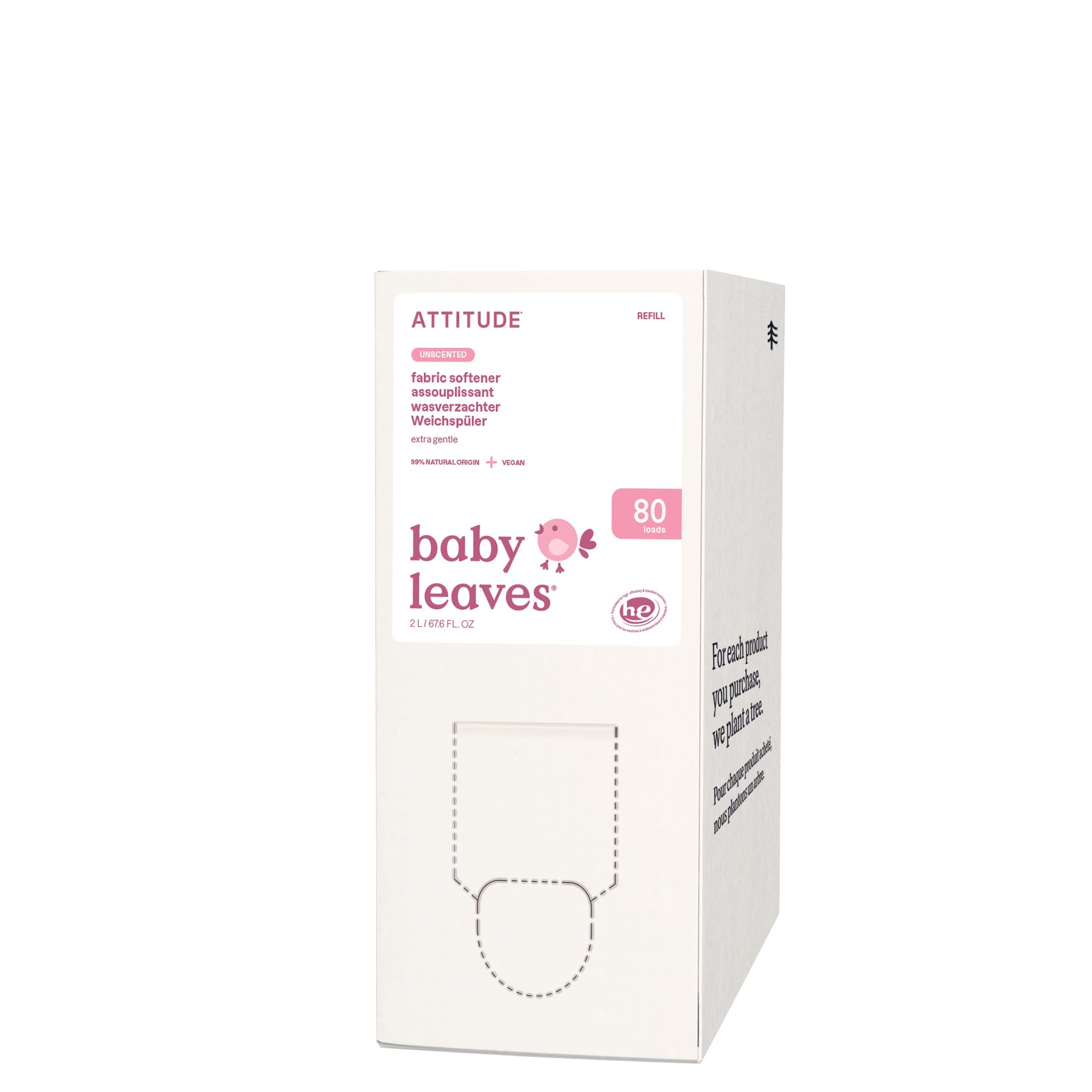 ATTITUDE Baby Fabric Softener, Made in Canada, Plant and Mineral-Based Ingredients, HE Compatible, Vegan Laundry and Household Products, Unscented, Bulk Refill, 80 Loads, 2 Liter