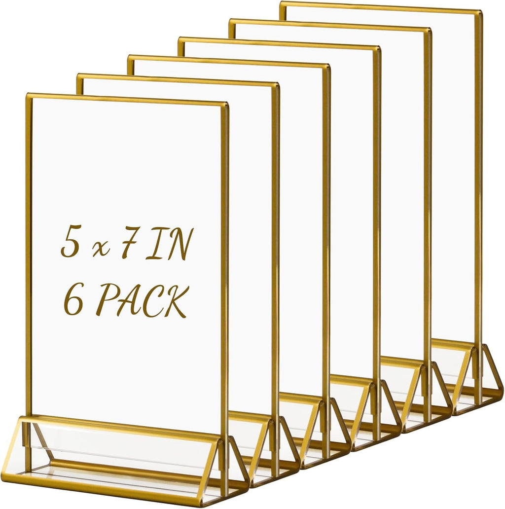 Gold Frames 5 x 7 inch/ 13x18 cm 6 Pack, Acrylic Picture Frame Double Sided Stand, Table Number Sign Set Holders, Clear Menu Flyer Display Floating Desk Stands for Wedding, Party, Restaurant - Vertical
