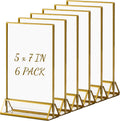 Gold Frames 5 x 7 inch/ 13x18 cm 6 Pack, Acrylic Picture Frame Double Sided Stand, Table Number Sign Set Holders, Clear Menu Flyer Display Floating Desk Stands for Wedding, Party, Restaurant - Vertical