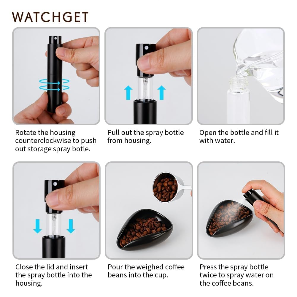 watchget Coffee Bean Dosing Cup & RDT Spray Bottle Kit for Espresso Bar, Static Reduction Ceramic Single Dose Tray for Brewing/Tea, Barista Accessories Set, Black
