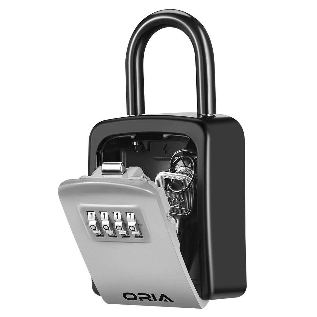 ORIA Key Lock Box, Lock Box for Keys Outdoor with Combination, Shackle, Weatherproof, for House, Hotel or Car - BlackSilver
