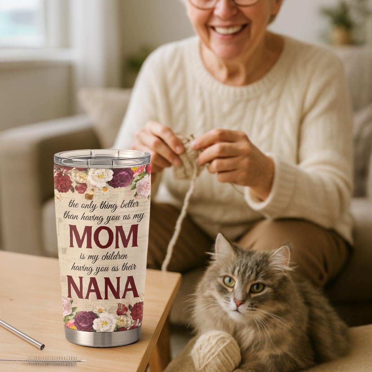SANDJEST Best Nana Ever Tumbler Gift for Grandmas from Grandkids - 20oz Floral Insulated Stainless Steel Travel Mug Granny Christmas, Birthday, Mother's Day Gifts for Nana, Gigi from Grandchildren