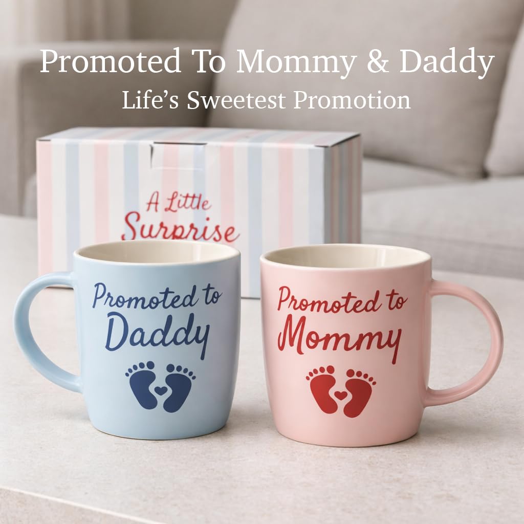 Triple Gifffted Promoted to Mommy and Daddy Coffee Mugs Set, Pregnancy Announcement Gifts for New Parents, Baby Reveal, Baby Shower, First Time Mom Dad Gift, Christmas Day Surprise, 13oz Ceramic