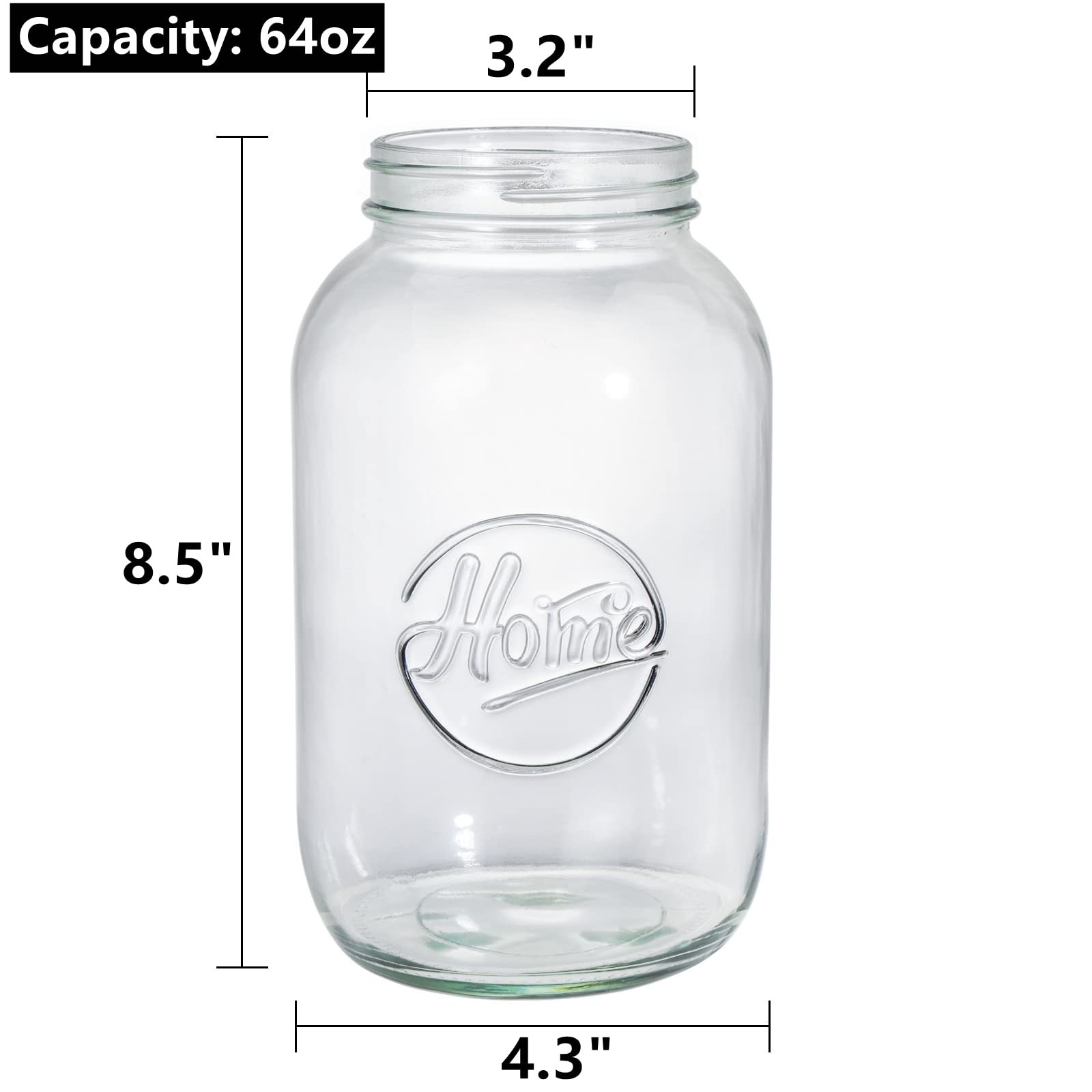 Peohud 3 Pack 64oz Wide Mouth Glass Mason Jars with Airtight Lids and Band, Large Clear Canning Jars for for Pickling, Fermenting, Jam, Jelly, Storing, Half Gallon Pot Masson Jars