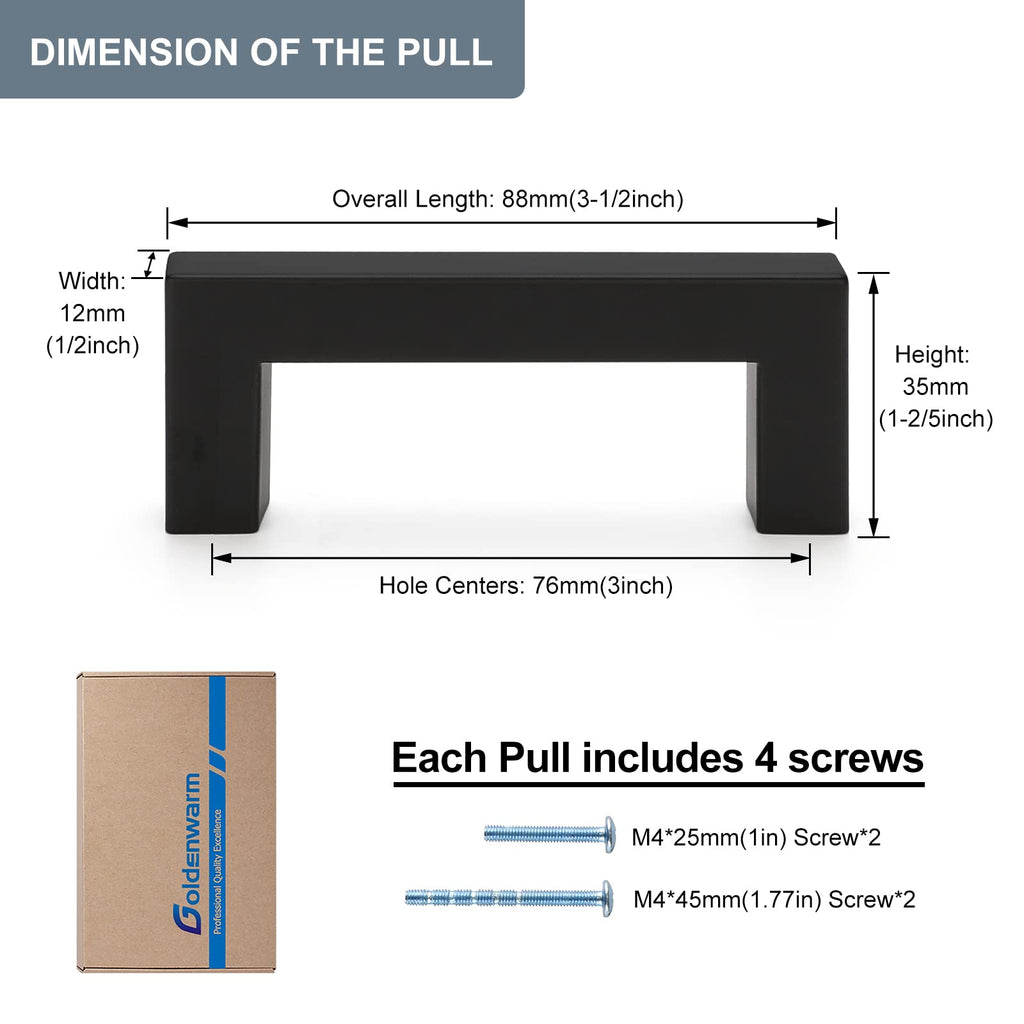 goldenwarm 6 Pack | 3" Cabinet Pulls Cabinet Handle Black Kitchen Handles for Bathroom Drawer Pulls