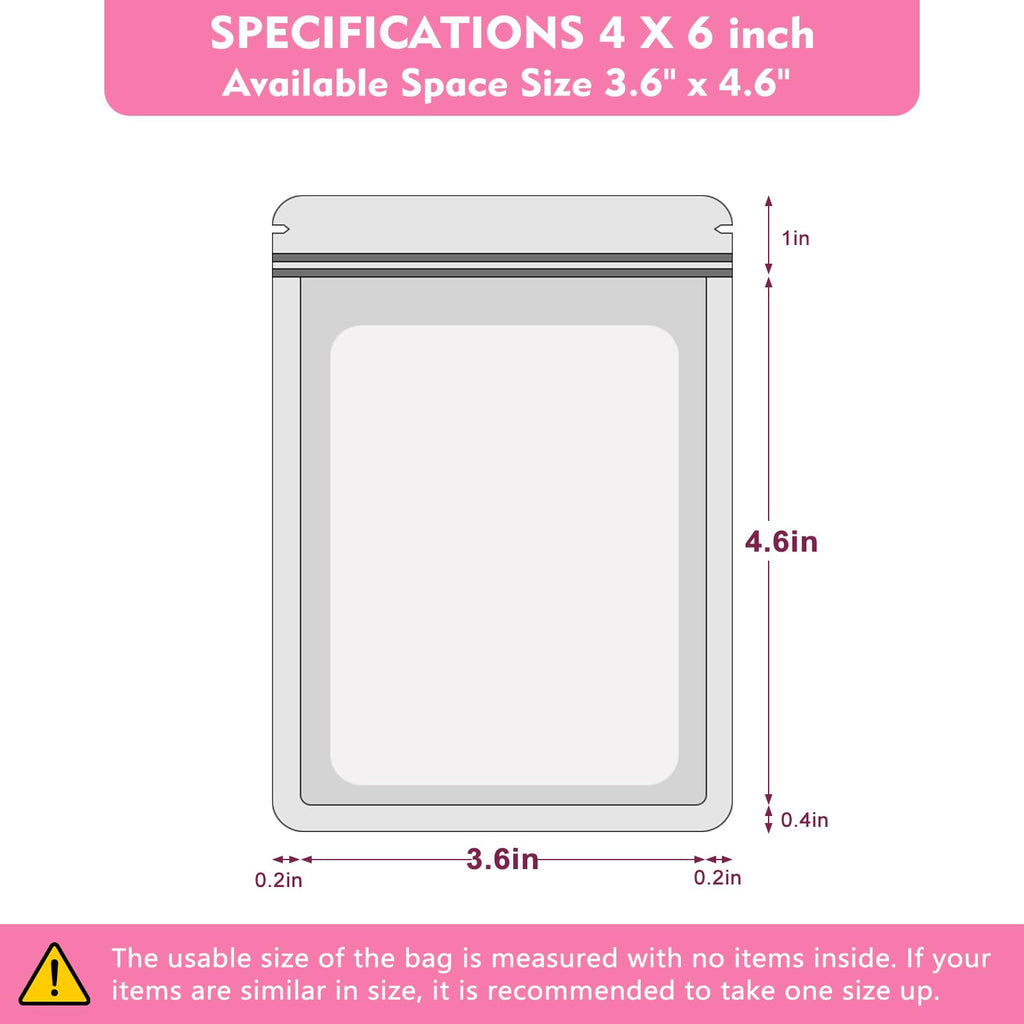 Durimoiy 100-pack mylar bags with clear window holographic resealable zipper sealable pouch bags candy,cookie,electronic supplies（4×6 inch,pink ）