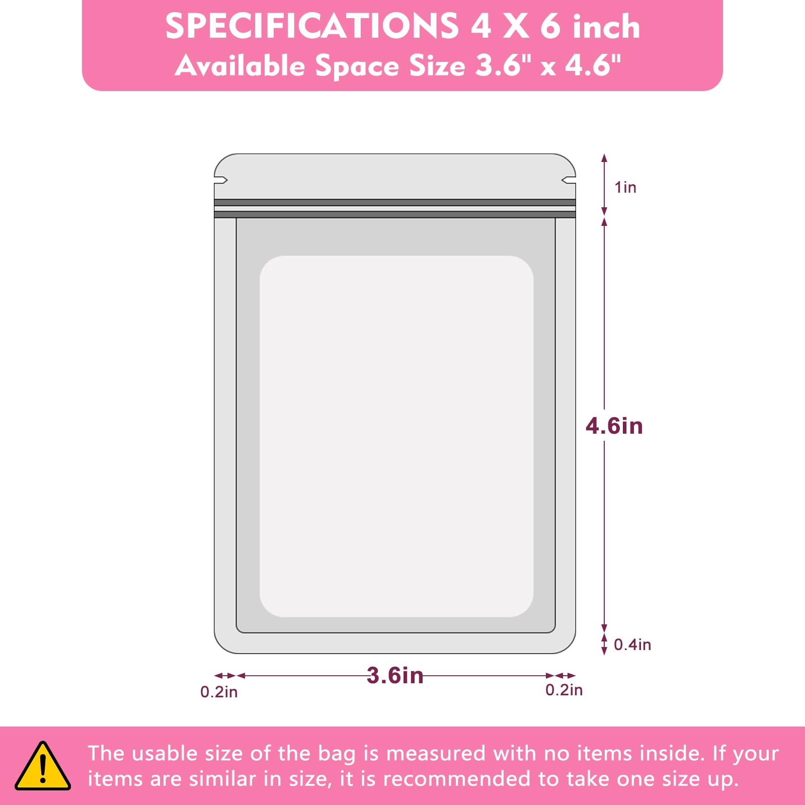 Durimoiy 100-pack mylar bags with clear window holographic resealable zipper sealable pouch bags candy,cookie,electronic supplies（4×6 inch,pink ）