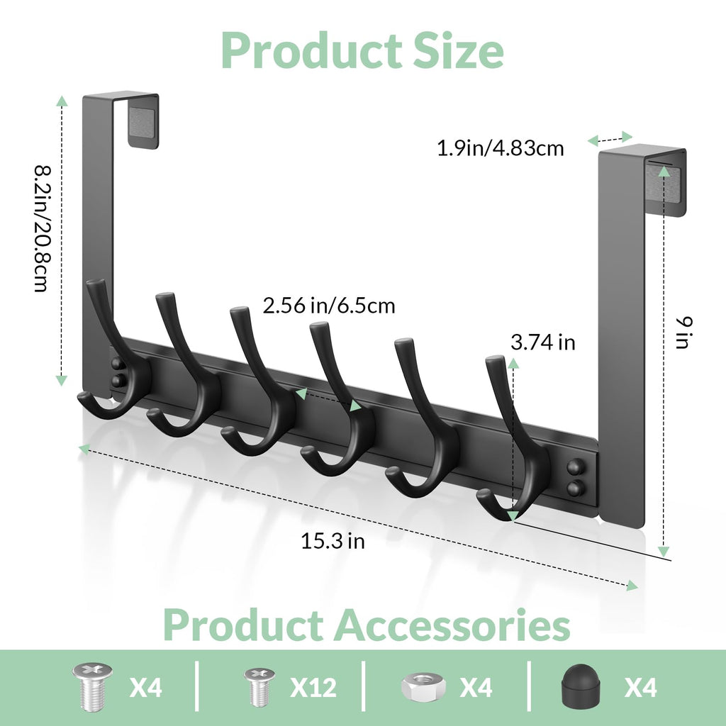 Over The Door Hooks,WLCSNG Door Hanger Hook with 6 Hooks for Hanging-Space-Saving Over The Door Towel Rack,Sturdy Towel Hanger for Bathroom,Guaranteed Quality & Compressed Packaging. (1, Black)