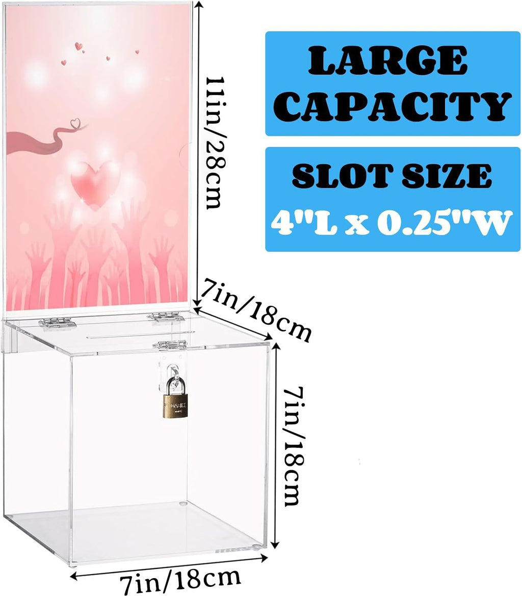 YOUEON Square Acrylic Donation Box with Lock, 7x7x7 Inch Clear Suggestion Box with Slot and Lock, Ballot Box with Sign Holder, Tip Box, Vote Box, Comment Box for Voting, Charity, Fundraising