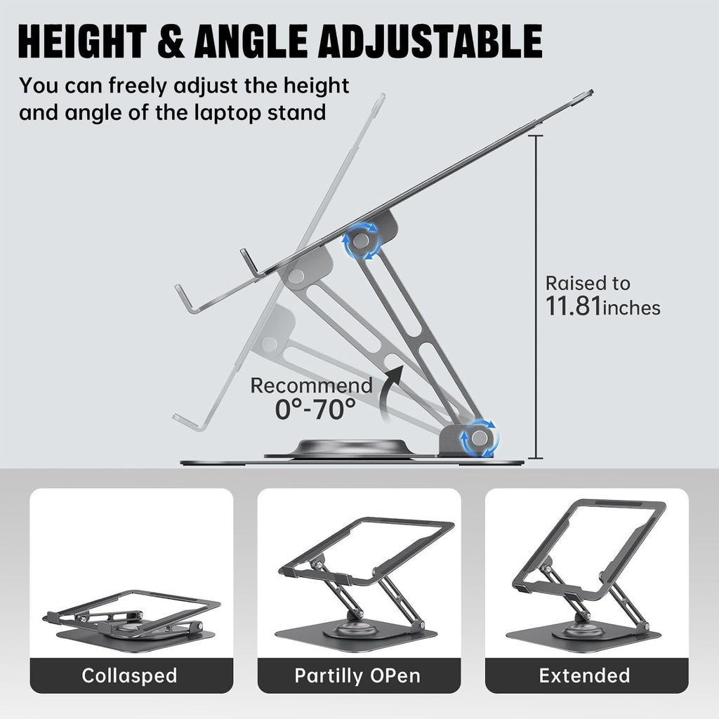 Laptop Stand for Desk, Adjustable Computer Stand with 360° Rotating Base, Ergonomic Laptop Riser for Collaborative Work, Foldable & Portable Laptop Stand, fits for All 10-16" Laptops (Gray)