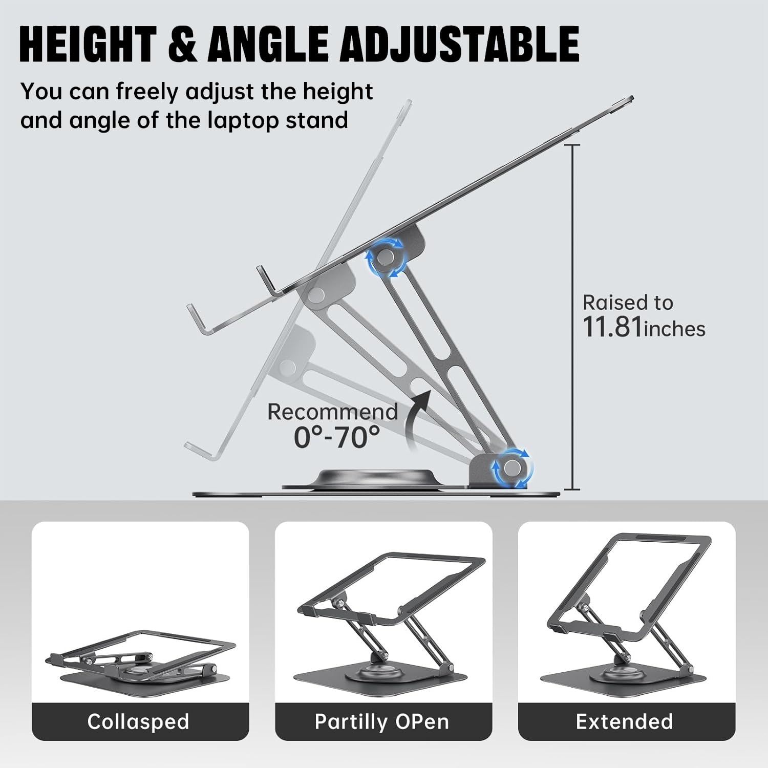 Laptop Stand for Desk, Adjustable Computer Stand with 360° Rotating Base, Ergonomic Laptop Riser for Collaborative Work, Foldable & Portable Laptop Stand, fits for All 10-16" Laptops (Gray)
