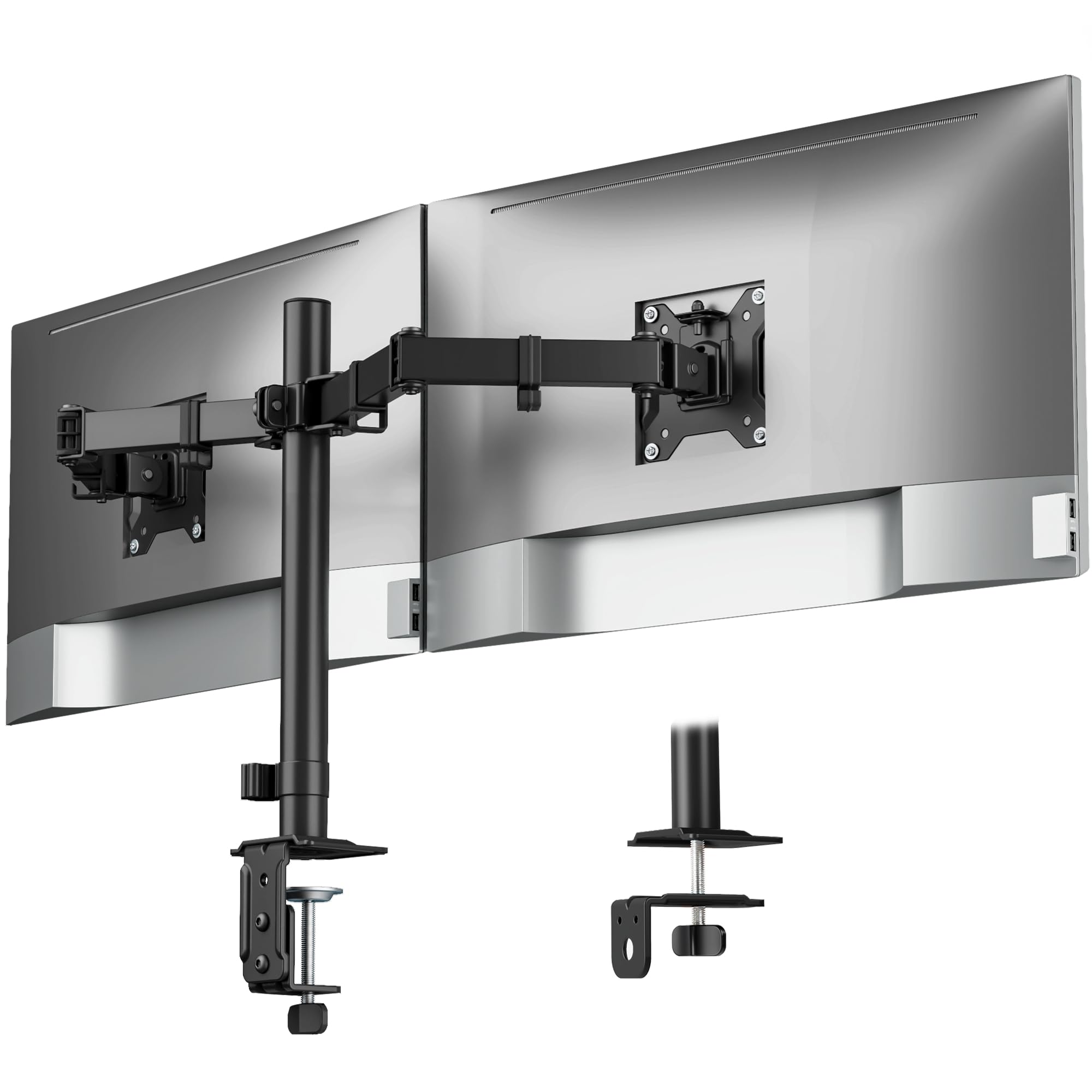 monTEK Stable Dual Monitor Stand for 17"–32” Computer Screens, Heavy-Duty Desk Mount with 22 lbs per Arm, Fully Adjustable Brackets and Arms, Clamp/Grommet Base, VESA 100×100mm Max