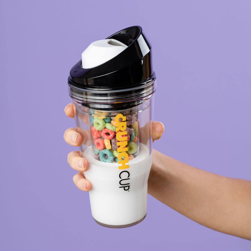 The CRUNCHCUP XL Black- Portable Plastic Cereal Cups for Breakfast On the Go, To Go Cereal and Milk Container for your favorite Breakfast Cereals, No Spoon or Bowl Required