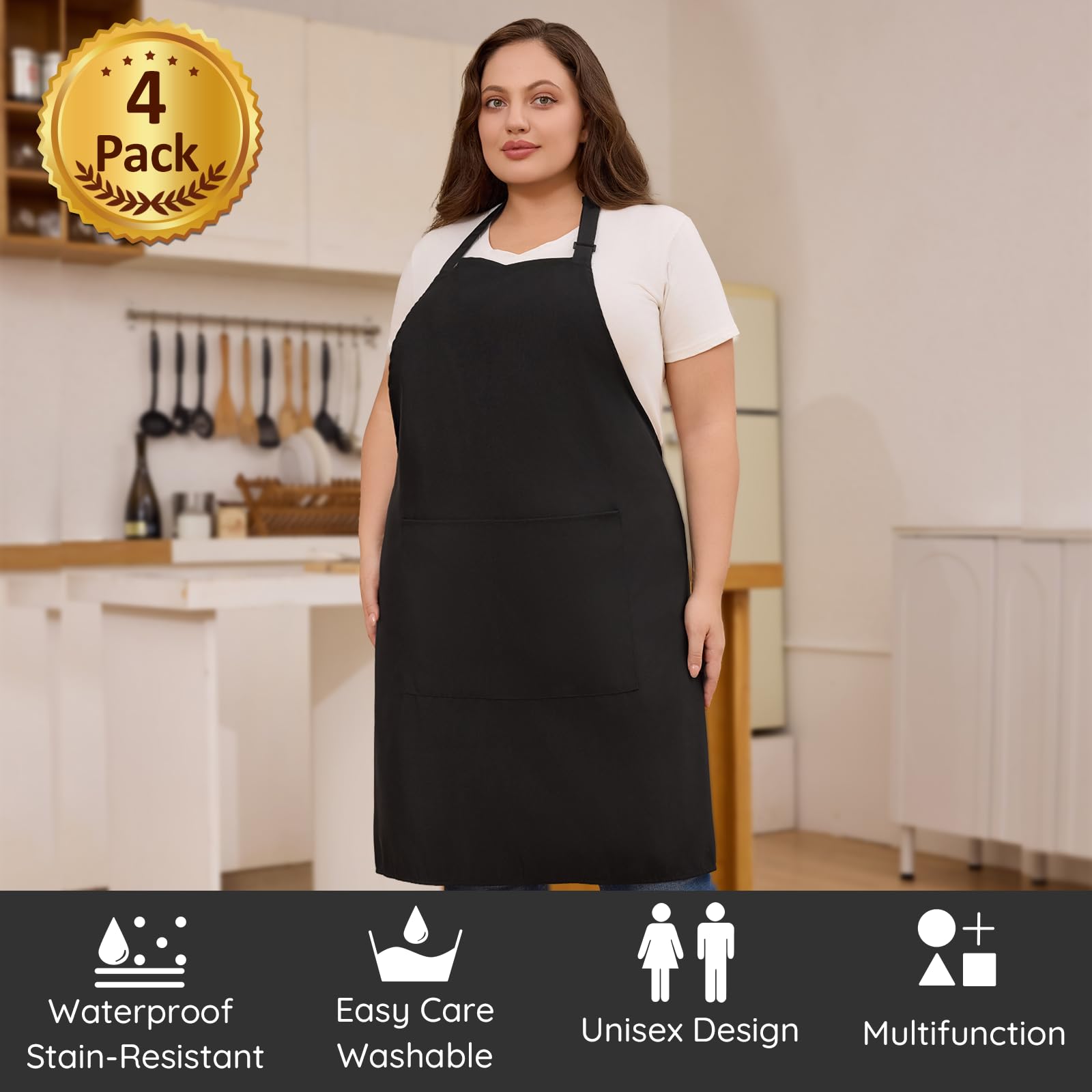FunChaos 4 Pack Plus Size Chef Aprons, Large Kitchen Apron with 2 Pockets, Adjustable Waterproof Black Apron for Big Men and Women for Cooking, Baking, Cleaning, Gardening, BBQ