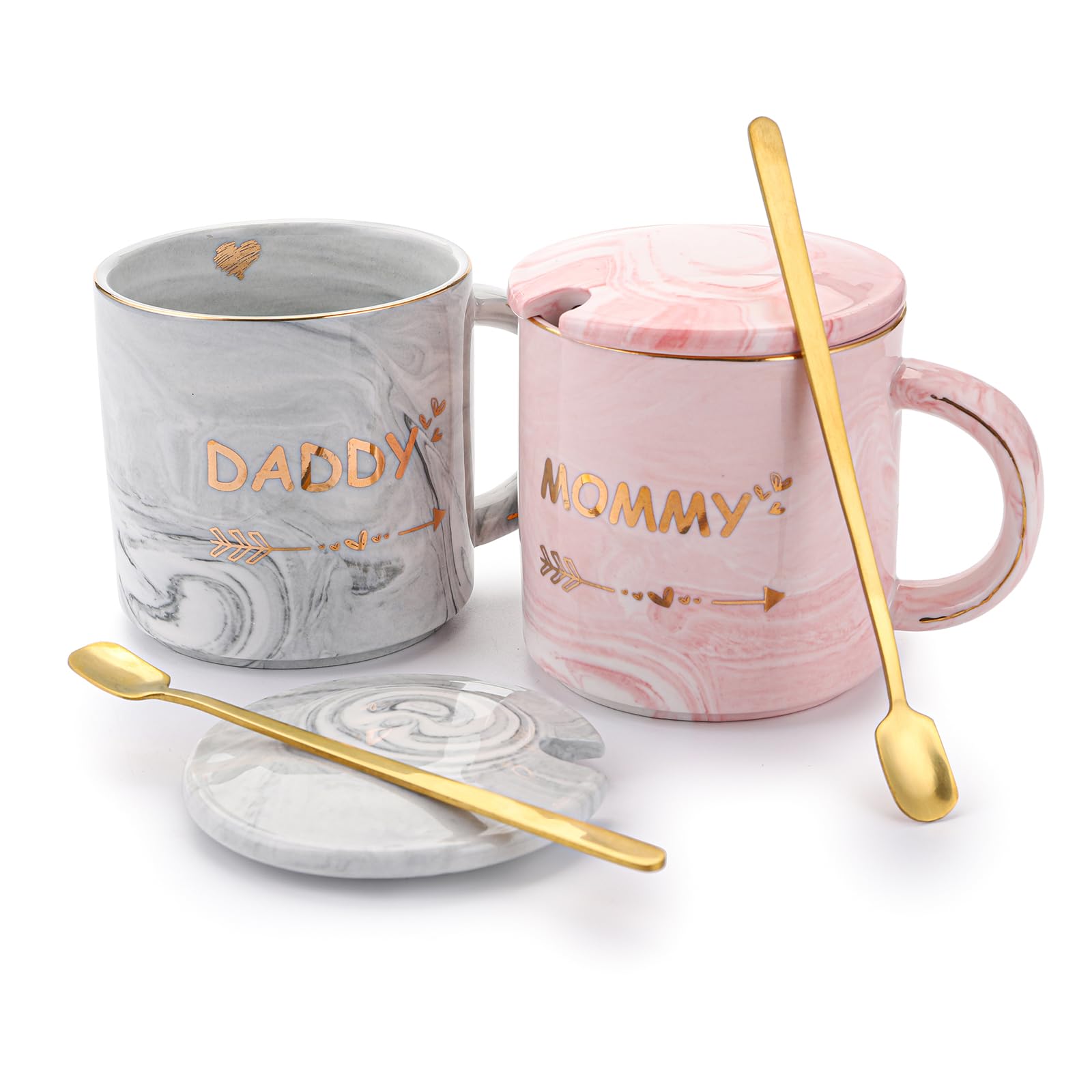 WUWEOT 2 Pack Dad and Mom Coffee Mug Set for Parents to be, New Mom and First Time Pregnancy Gifts for Christmas, Marble Ceramic Coffee Cup Set with Gift Box, Lid, Spoon (10OZ)