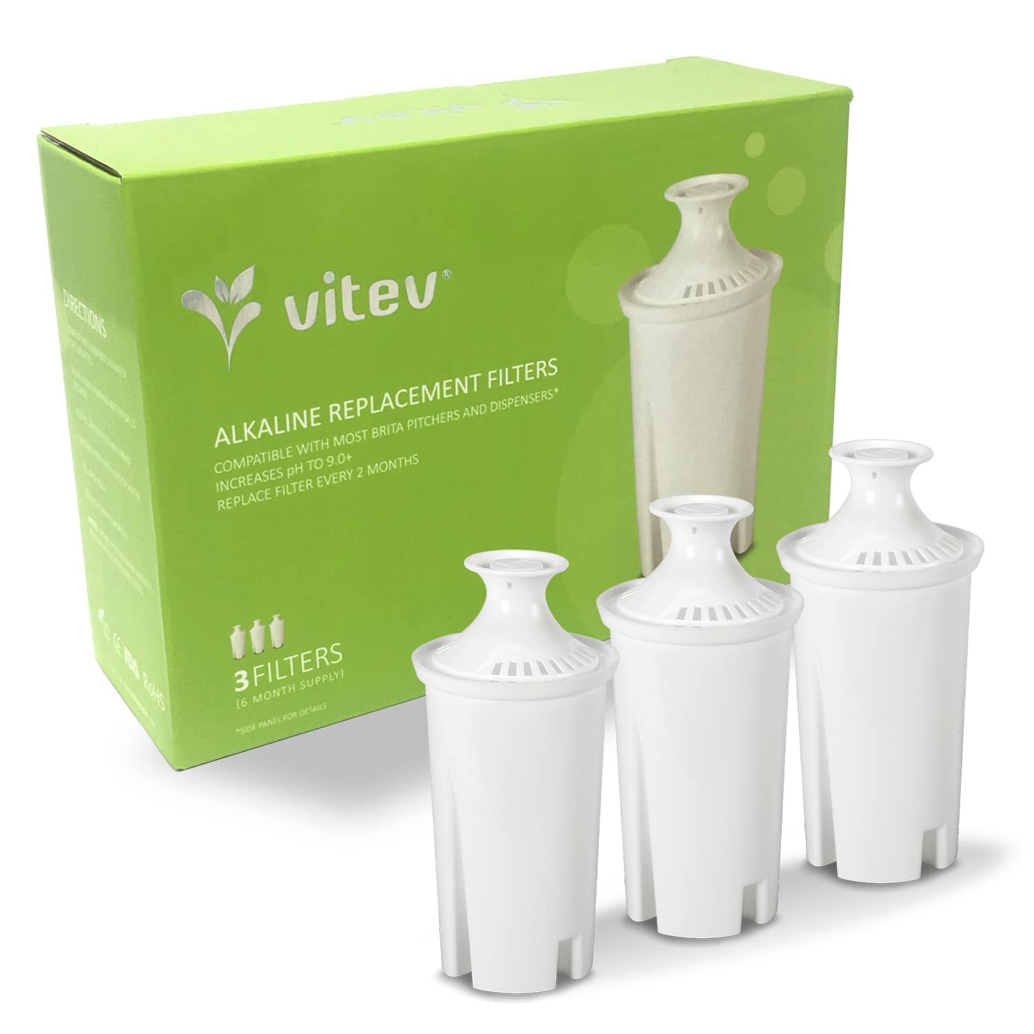 Vitev Alkaline Water Replacement Filter, Fits Brita Pitcher (3-Pack)