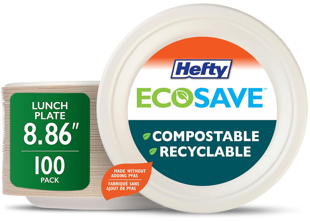 Hefty ECOSAVE Compostable Disposable Paper Plates Lunch 8.86", 100 Count