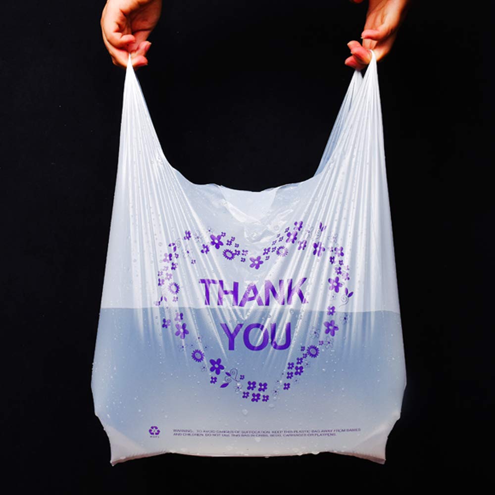 LazyMe Thank You T Shirt Bags, White Plastic Grocery Bags with Handles, Standard Supermarket Size, 12 x 20 inch (100 PCS)