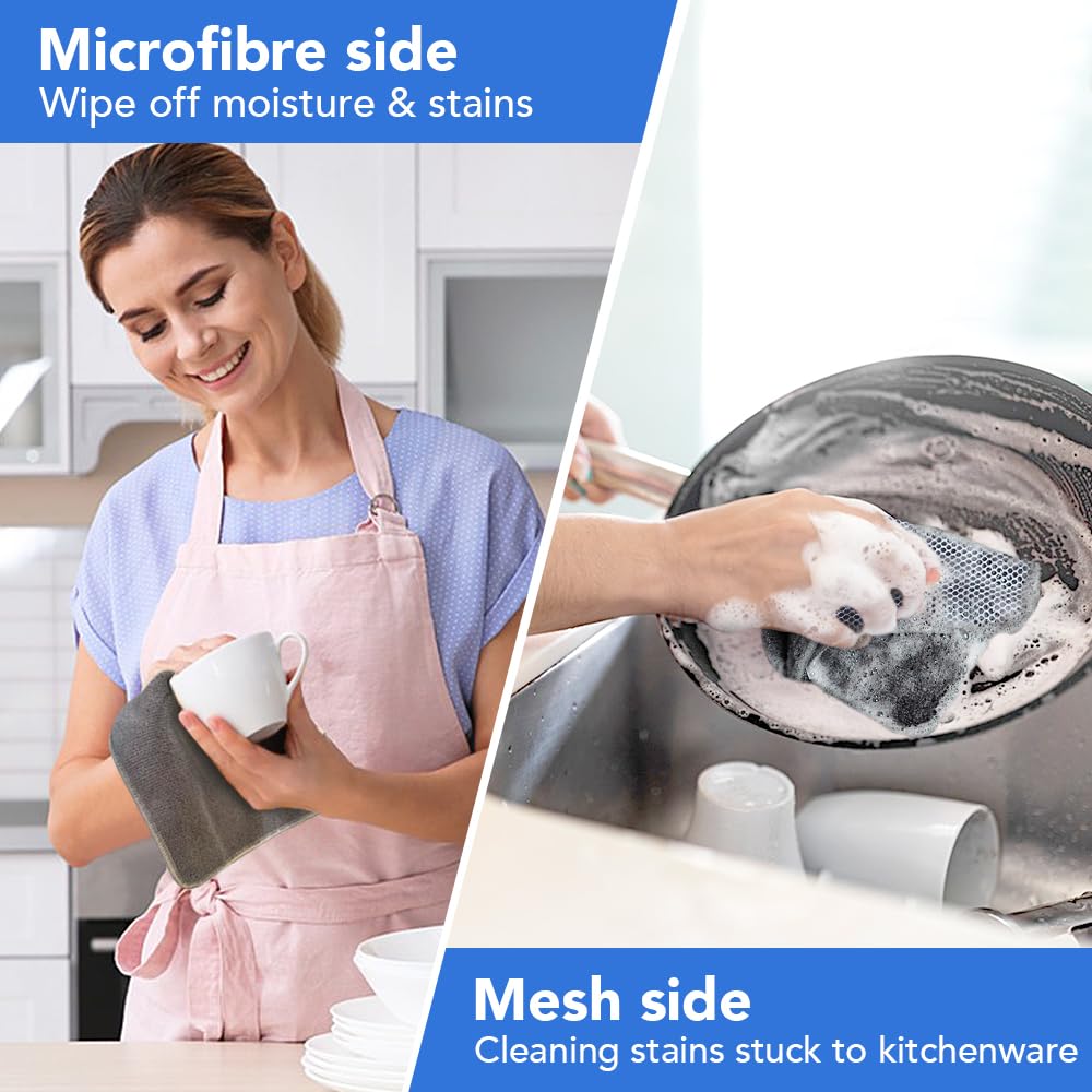 VIVOTE Microfiber Cleaning Cloths Washable Dishcloths with Polyester Mesh Scrubbing Edge Dishcloths, Kitchen Household Wipes Kitchen Dish Cloth,6pcs,20cmx20cm (Grey)