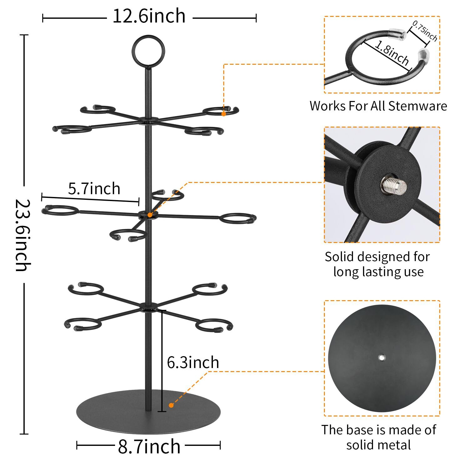 QPIX DIGITAL Cocktail Tree Stand for Parties Brunch,3 Tiers 12 Holders Wine Glass Holder Stand,Champagne Tower Martinis Tree Wine Glasses Display for Mimosa Bar Parties Bridal Shower Weddings