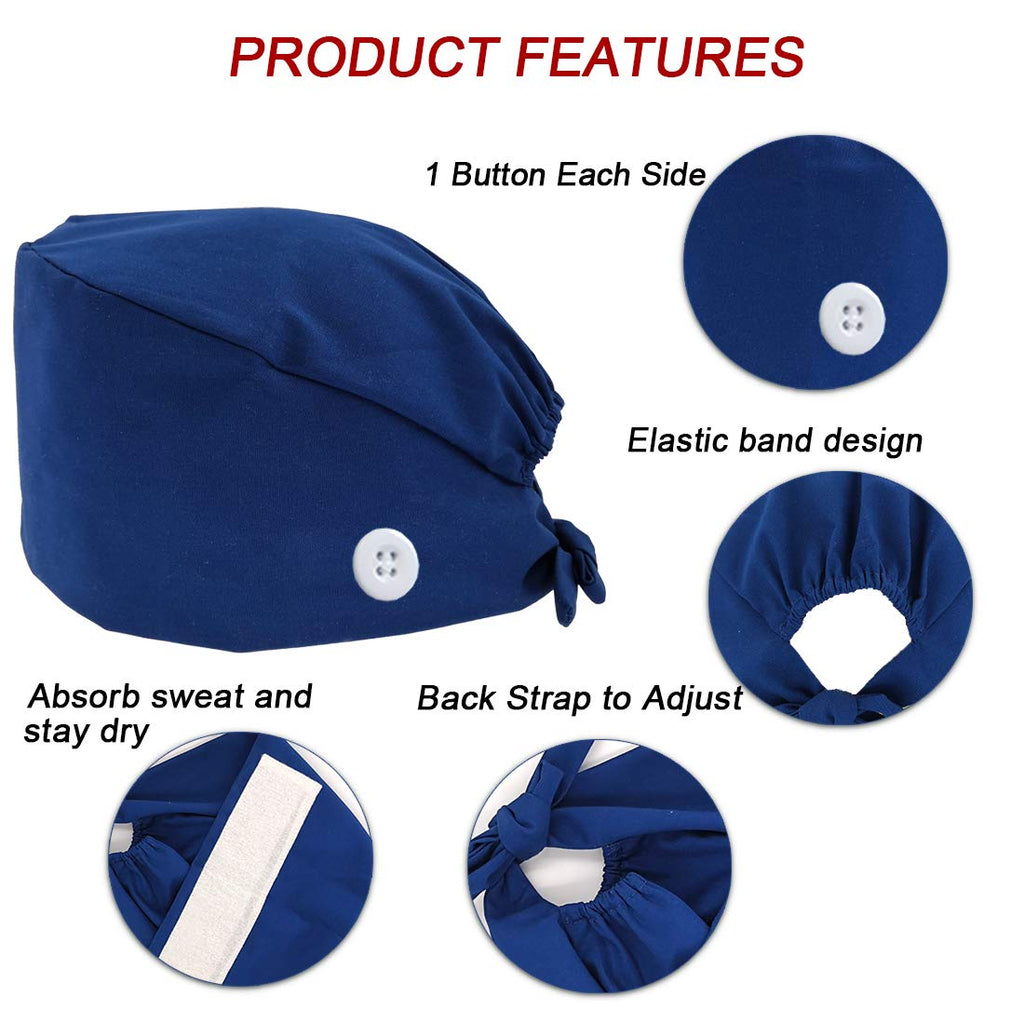 ATHPIK 3pcs Scrub Caps Solid Working Surgical Cap Nurse Hats with Buttons and Sweatband Adjustable Tie Back Hat for Women Men Medical(Black/Blue/Grey)
