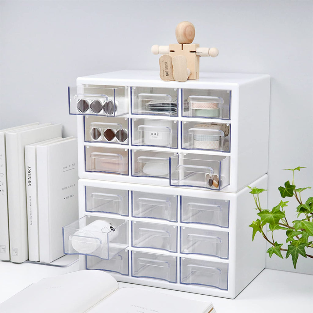 MYKASEN Desk Storage Organizer with 9 Drawers, Clear Plastic Storage Cabinet, Stackable Desk Storage Box for Makeup Office Craft Hardware Art Supplies, 9.8×6.3×5.9inch(White)