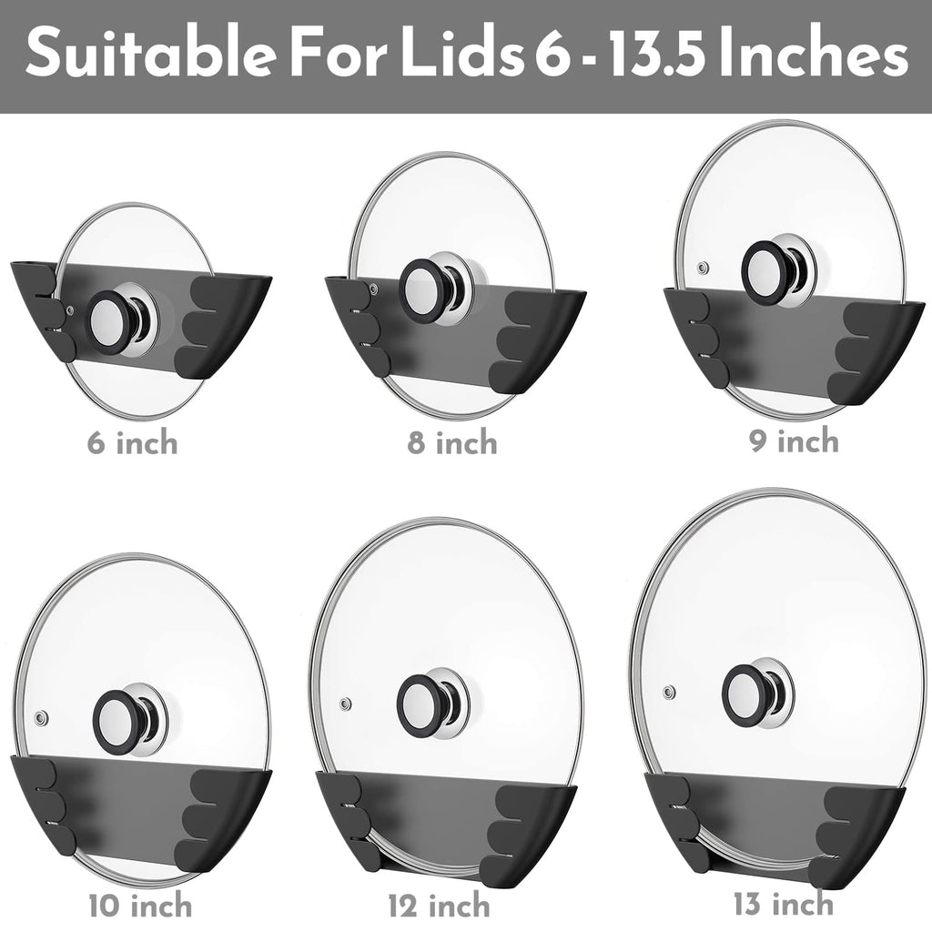 Universal Pot Lid Organizer for Cabinet - Upgraded Patented Niceyos 6 Pack Pan Lids Organizers Inside Door Wall Mount Pots Top Storage Rack Holder Kitchen, Fits 6" to 13" (Black)
