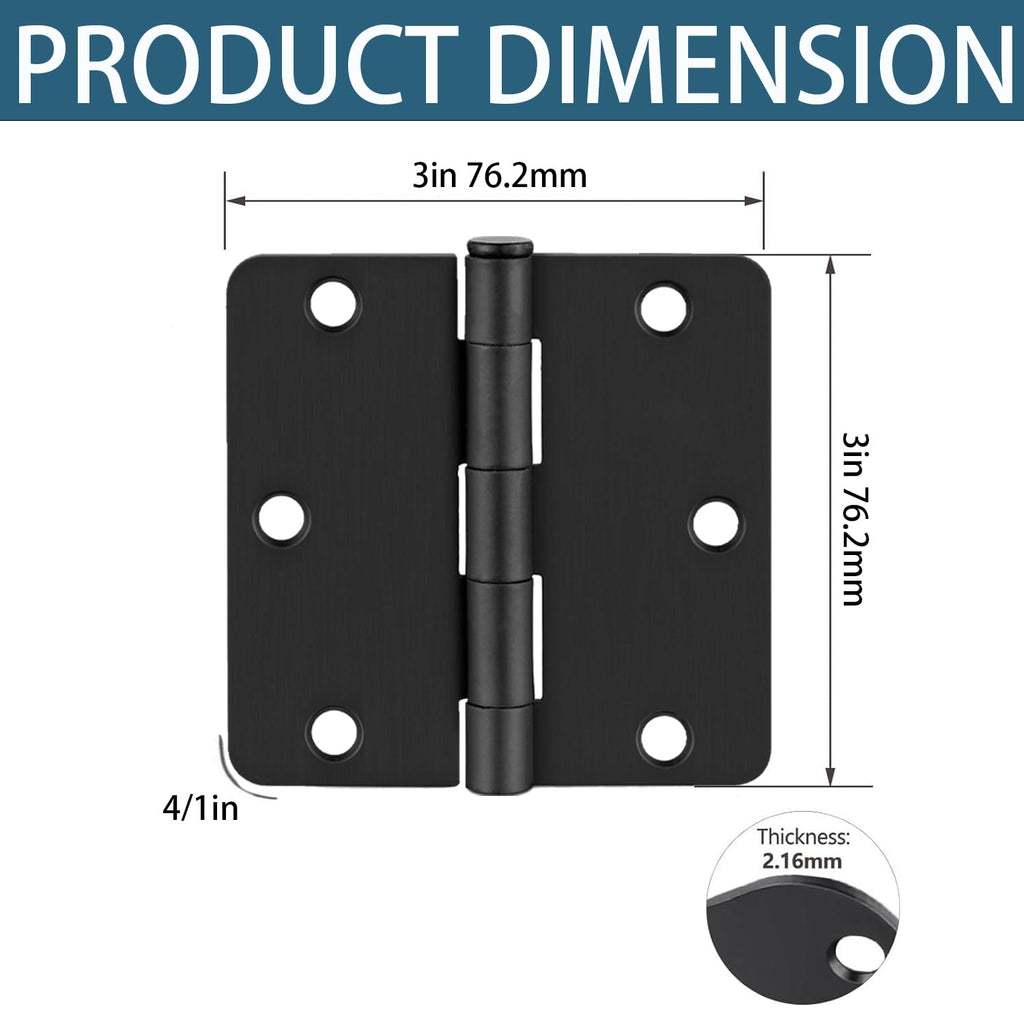 6 Pack Matte Black Door Hinges 3x3 Inch Standard Bedroom Black Hinges for Interior Doors Rounded 1/4" Radius Corners Iron Hinge Door Round Hinge Hardware