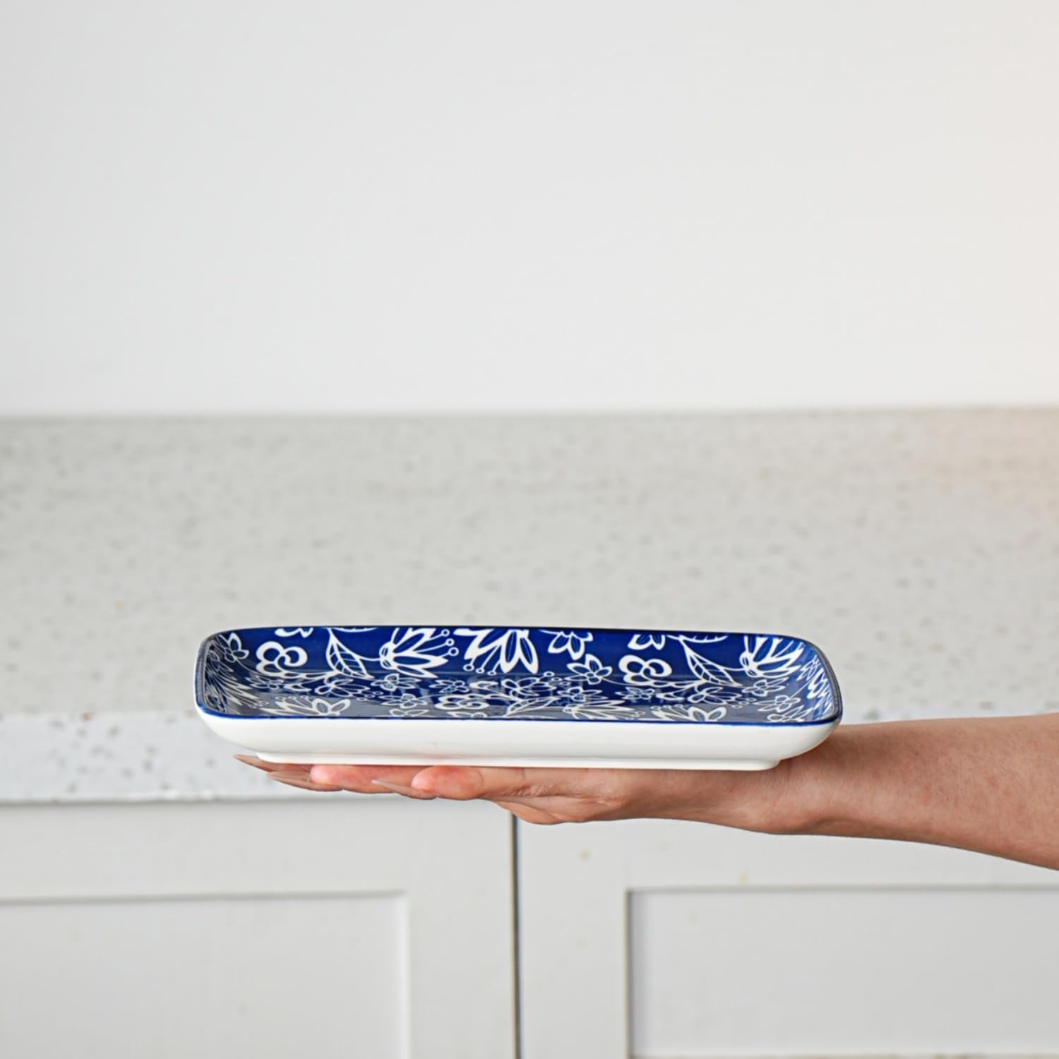Cerkik Ceramic Rectangle Salad Plates Set - 8.1" x 4.5" Rectangular Serving Platter - Serving Trays for Sushi Dinner Dessert Pasta Appetizer - Oven Microwave Dishwasher Safe - Set of 6 - Vintage Blue