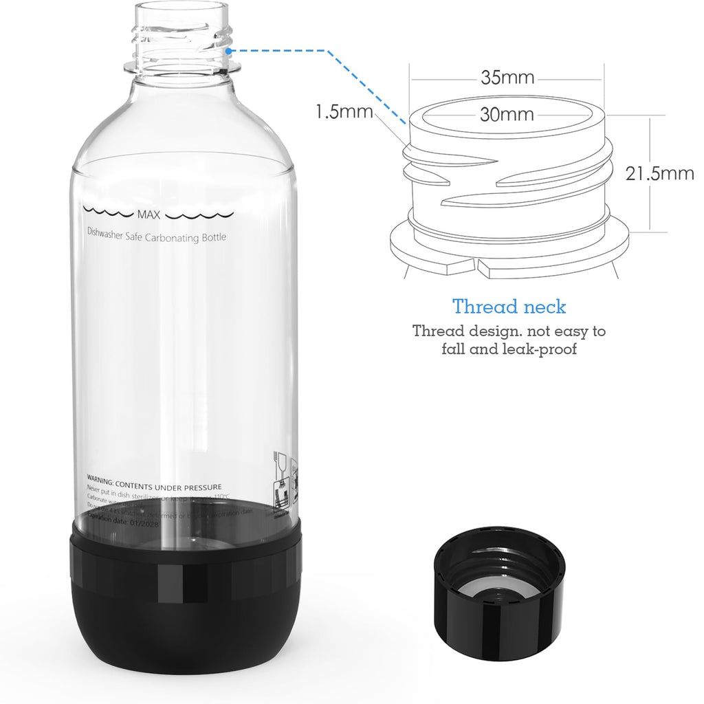Mycket Soda Maker Bottles, 2 Pack Dishwasher-Safe Bottles for Water Carbonation Bottles, 1 Litre BPA Free Reusable PET Sparkling Water Bottles for Soda Machine, Black