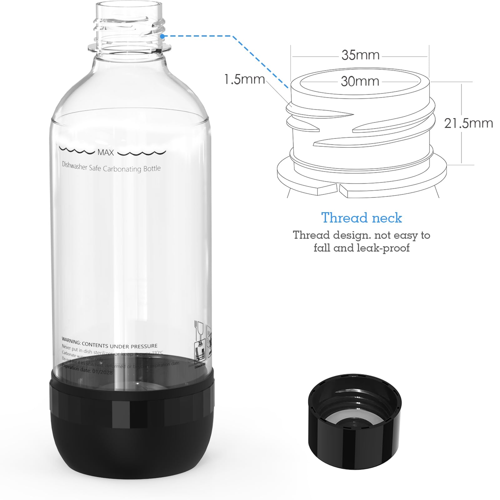 Mycket Soda Maker Bottles, 2 Pack Dishwasher-Safe Bottles for Water Carbonation Bottles, 1 Litre BPA Free Reusable PET Sparkling Water Bottles for Soda Machine, Black