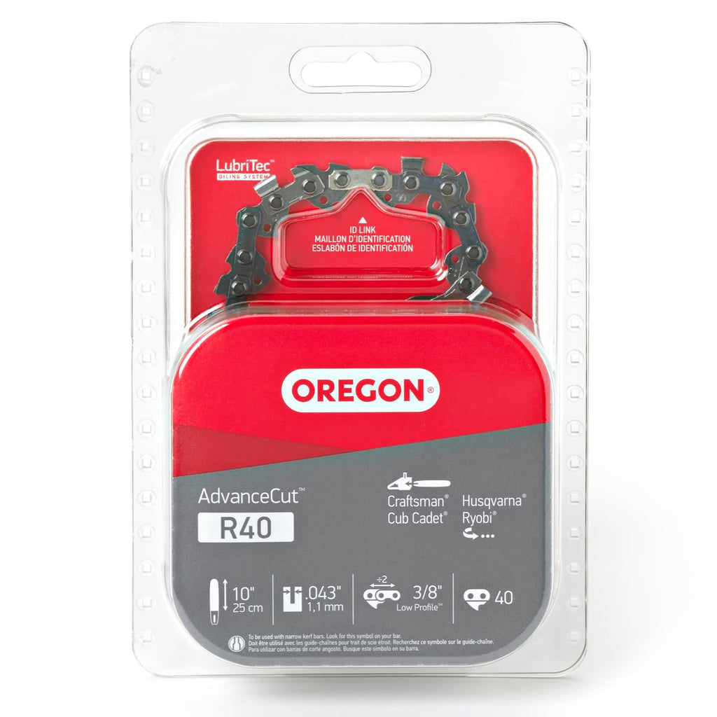Oregon R40 AdvanceCut Chainsaw Chain for 10-Inch Bar -40 Drive Links – Low-Kickback Chain fits Craftsman, Husqvarna, Ryobi and More