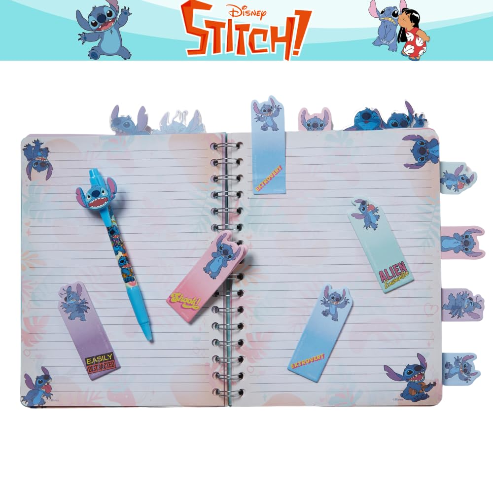 Disney Stitch Tab Journal Spiral Notebook, Ballpoint Pen, Sticky Tabs, 96 Lined Pages, Blue