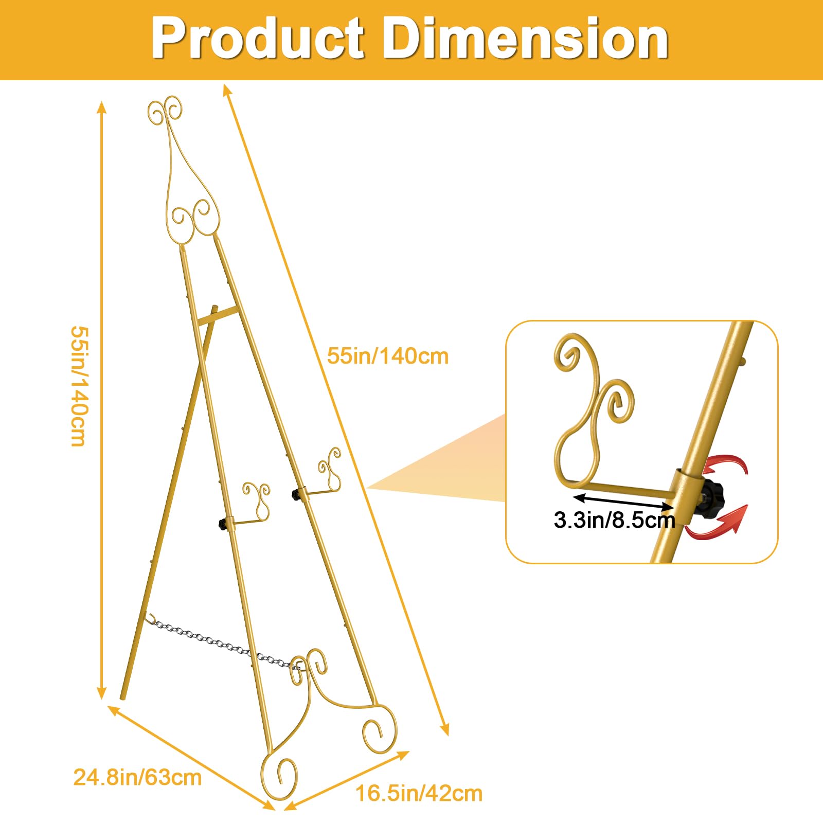 1 PC Easel Stand for Sign, Metal Poster Easel Holder, Adjustable Wedding Sign Stand with Chain Support for Display, Party Painting, Gold.