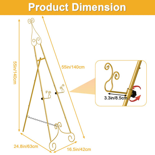 1 PC Easel Stand for Sign, Metal Poster Easel Holder, Adjustable Wedding Sign Stand with Chain Support for Display, Party Painting, Gold.