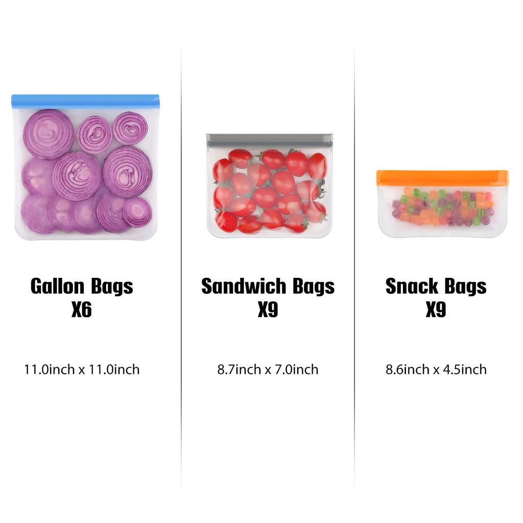 6 Pack Reusable Gallon Freezer Bags Dishwasher Safe, BPA Free Leakproof Storage Bags for Marinate Meats, Cereal, Vegetables, Home Organization(Grey)