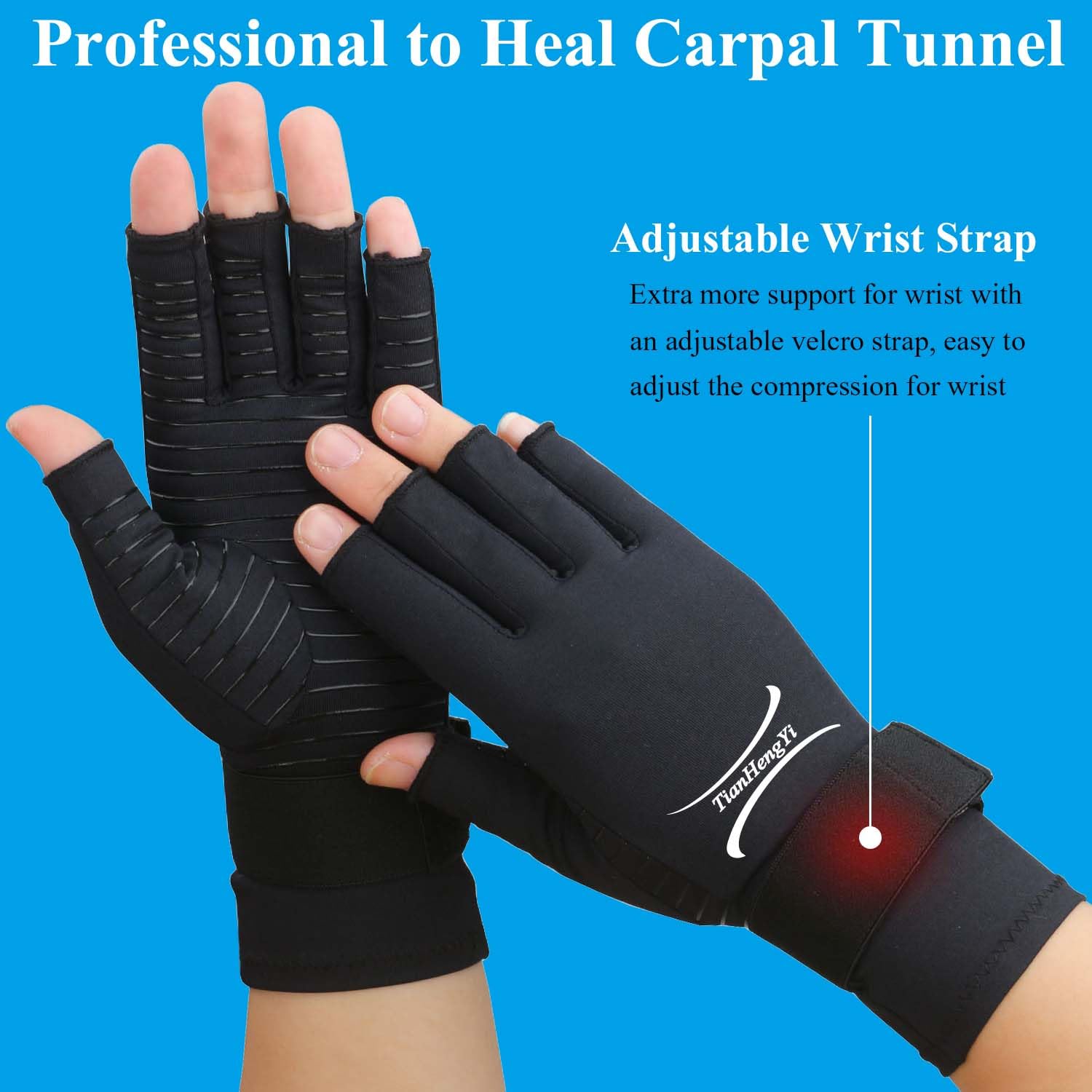 2 Pairs Copper Arthritis Gloves for Women Men, Fingerless Compression Gloves Relieve Hand Pain, Typing Gloves for Arthritis, Carpal Tunnel, Tendonitis, RSI with Adjustable Wrist Strap (Small/Medium)