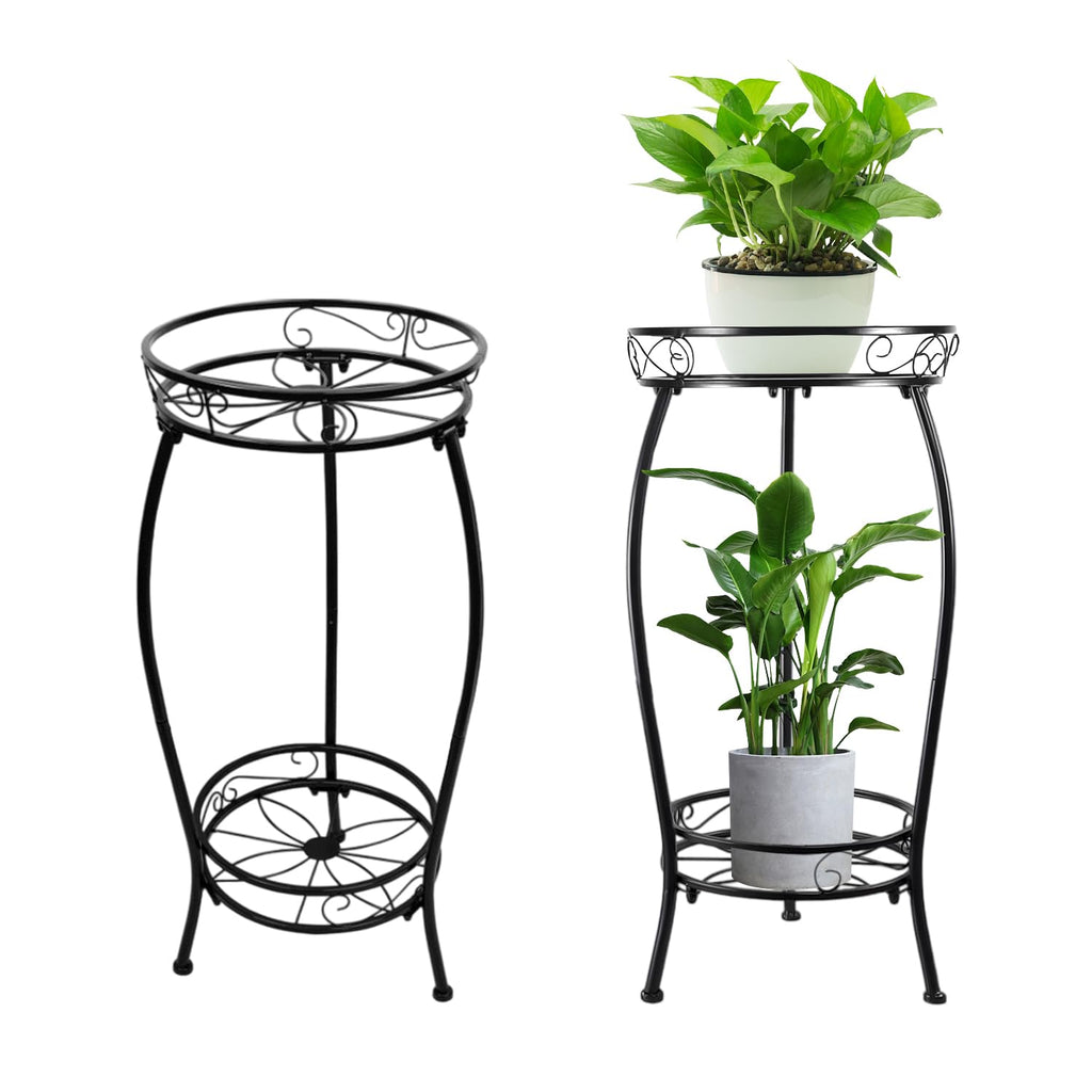 ILIYAH Metal Plant Stand Indoor - 2-Tier Metal Round Shelf Plants Stand, Space-Saving 27″ Indoor Plant Stand for Home Décor (Black)