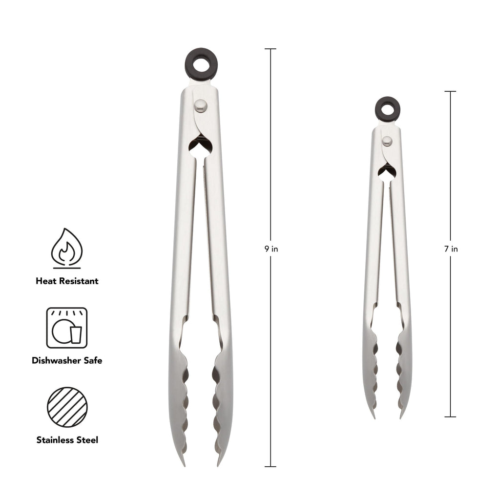 KitchenAid Set of 2 Stainless Steel Tongs with Scalloped Edges Easy Lock Dishwasher Safe Durable and Versatile 7 Inch and 9 Inch Silver
