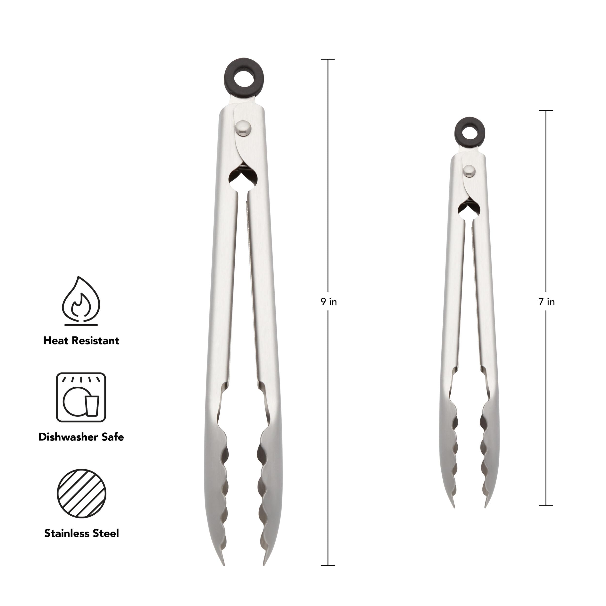 KitchenAid Set of 2 Stainless Steel Tongs with Scalloped Edges Easy Lock Dishwasher Safe Durable and Versatile 7 Inch and 9 Inch Silver