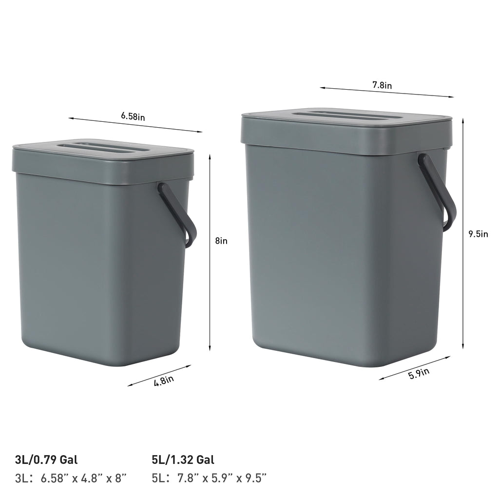 EKO Puro Wall-Mounted Trash Can with Lid, 1.32 Gal / 5L Hanging Trash Can, Small Kitchen Compost Bin for Counter Top, Mini Food Waste Bin (Grey)