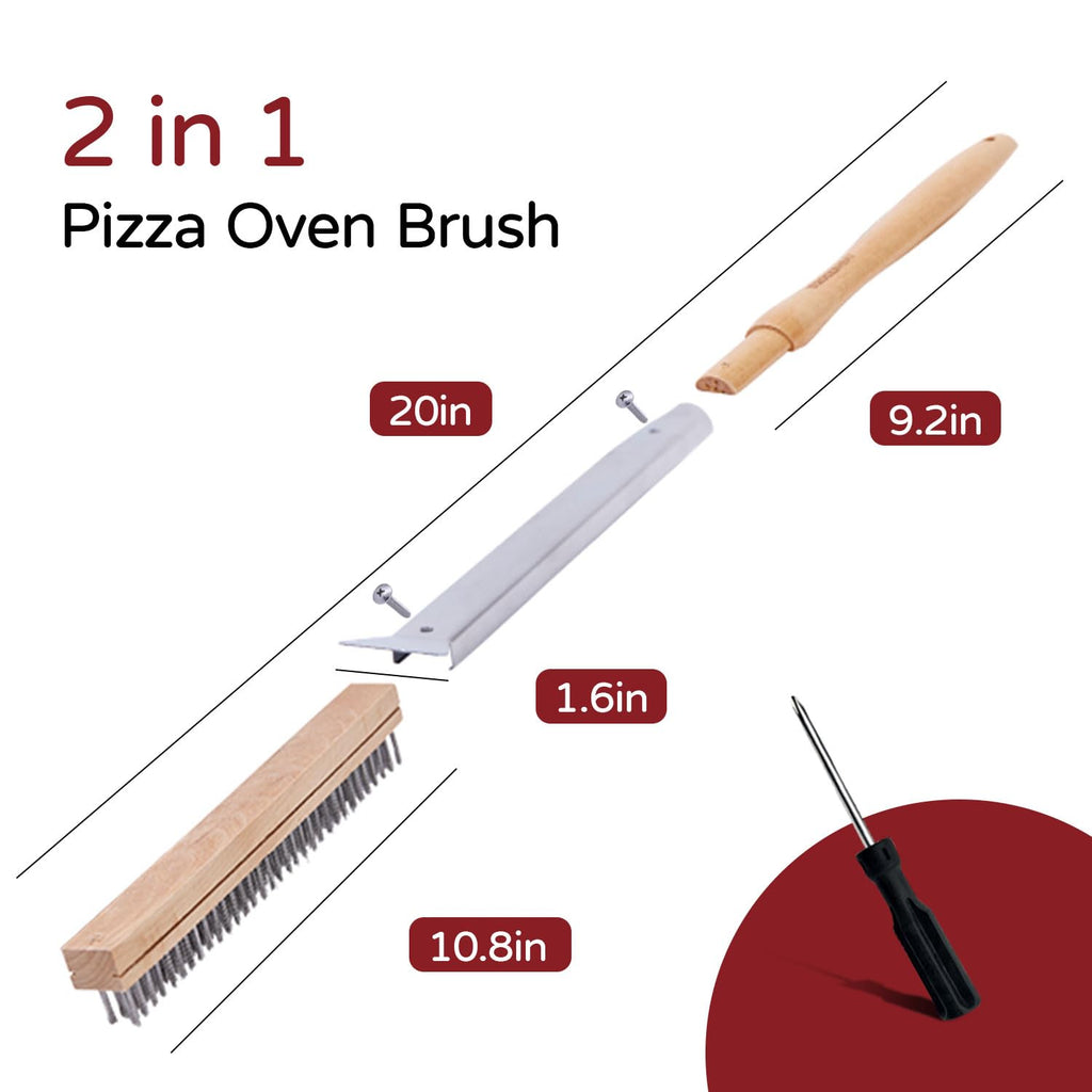 ROCKSHEAT Pizza Oven Brush, 20 Inch Grill Cleaning Brush with Scraper, Heat Resistant Stainless Steel Bristles, Beech Wood Handle, 2 in 1 Pizza Stones Brush, Ooni Ourdoor Pizza Oven Accessories