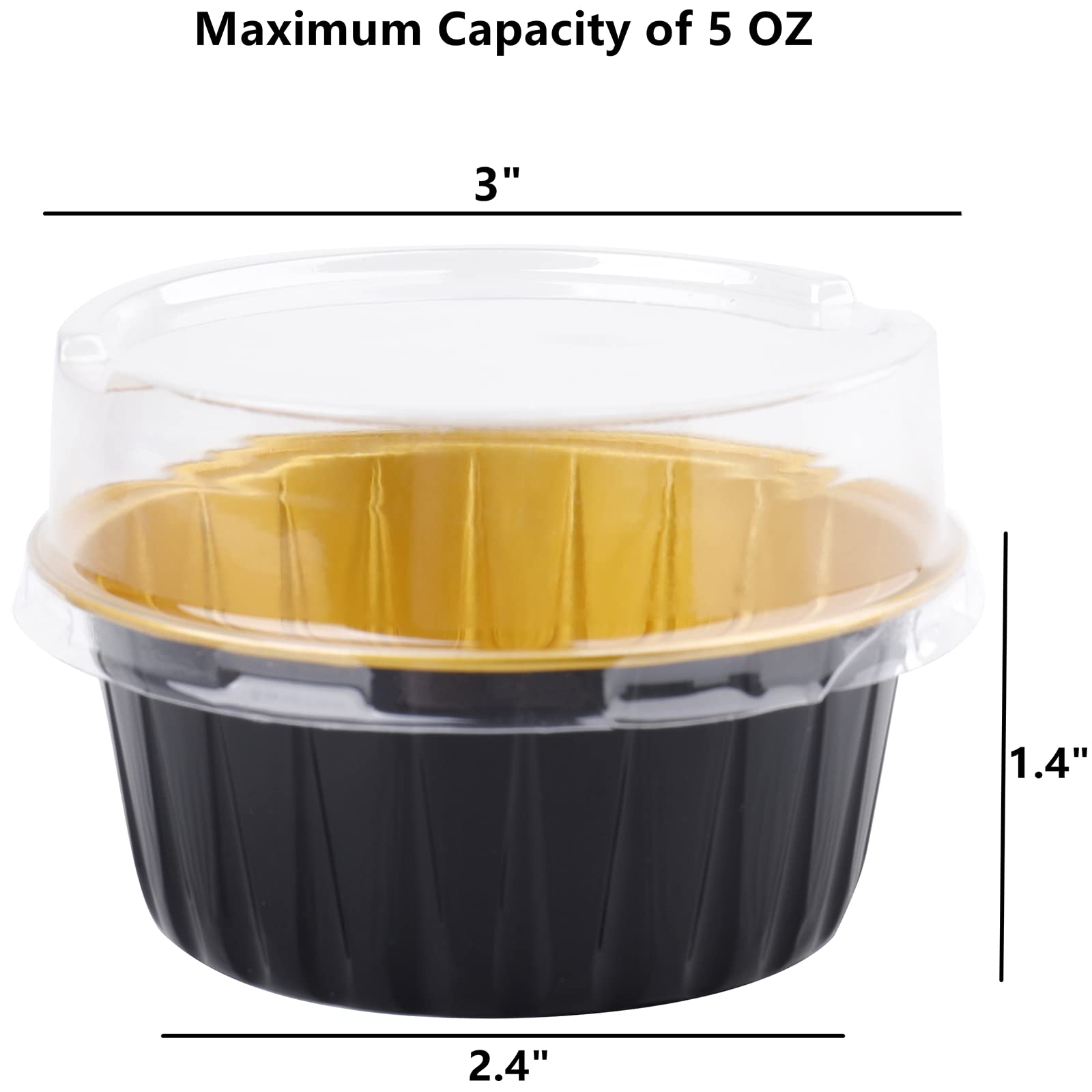 DEAYOU 100 Pieces Aluminum Foil Baking Cups with Lids, 5oz Disposable Ramekins Muffin Cups, 3" Cupcake Foil Liners Tart Pie Tin Pan Holder for Pudding, Souffle, Party, Wedding, Black Gold Color