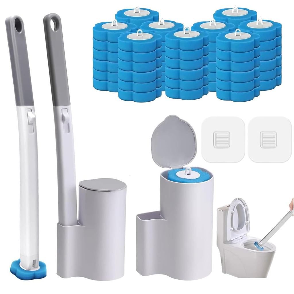 Disposable Toilet Brush with 54 Refill Heads, 2 Handles & Holders Included – No-Touch Toilet Bowl Cleaning System with Ocean Fresh Scent, Wall-Mounted or Freestanding Bathroom Cleaner