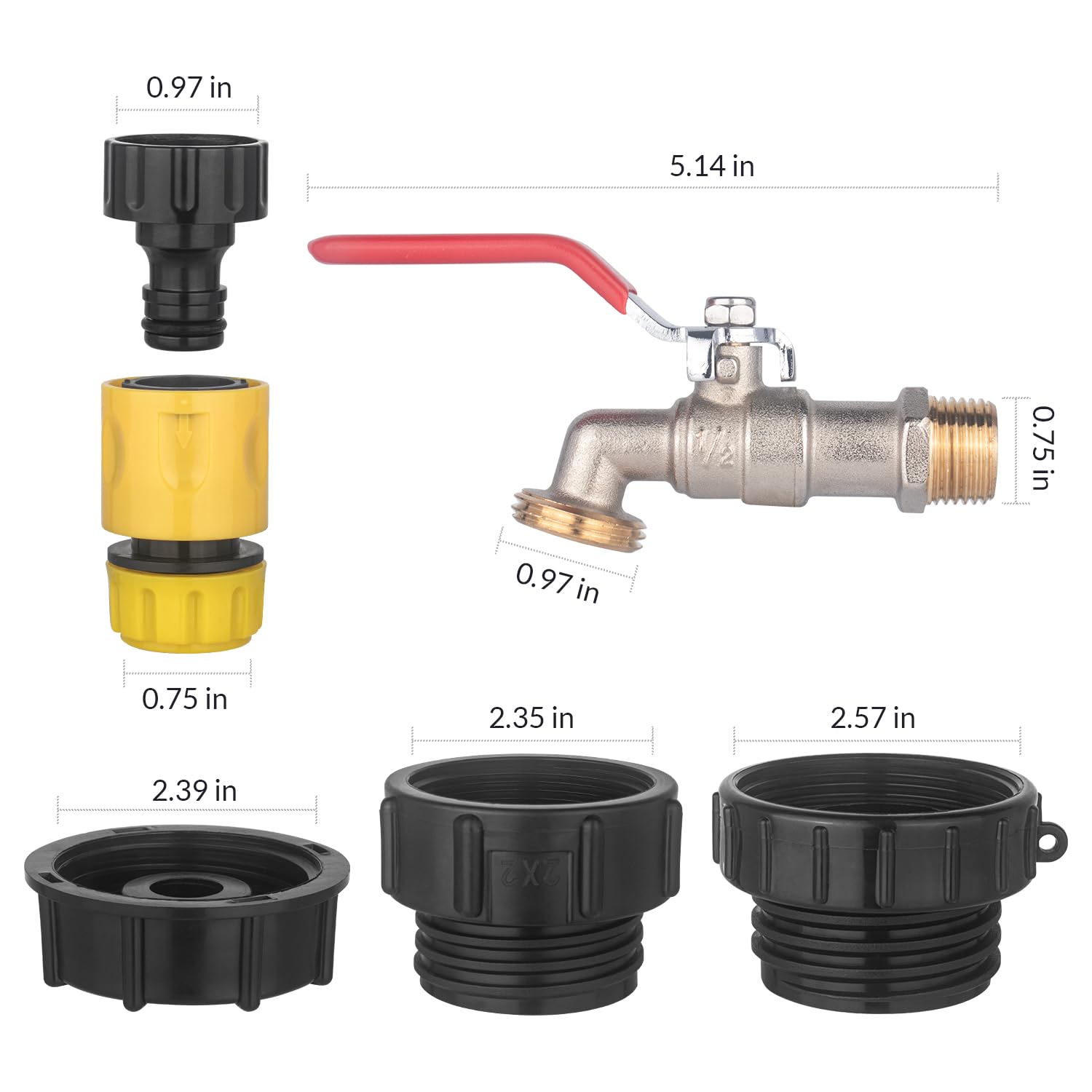 IBC Tote Adapter 275-330 Gallon IBC Bag Tank Fittings, 1/2 in Lead-Free Compliant Brass Garden Hose Valve with 3-Size IBC Tote Adapter, 2.44" Fine, 2 "Fine, and 2" Coarse Thread