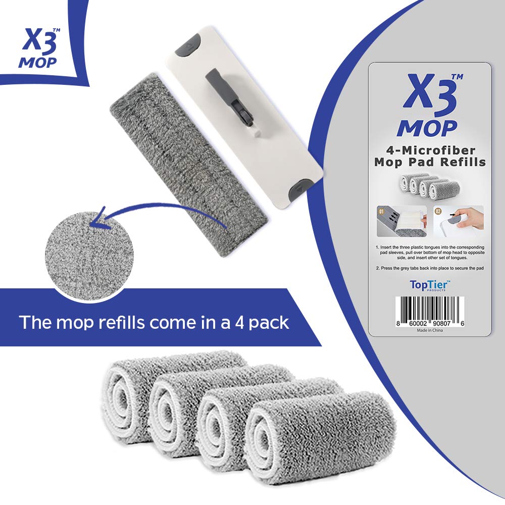 X3 Mop Replacement Microfiber Cleaning Pads, 4 Pack of Reusable Flat Mop Heads (Pads fit Original X3 Mop ONLY)