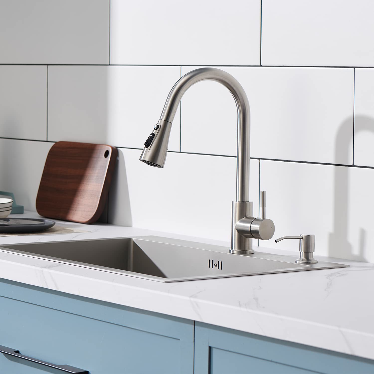 Built in Sink Soap Dispenser Brushed Nickel, Lotion Dispenser for Kitchen Sink Stainless Steel Refill from The Top Sink Soap Dispenser with 13 OZ Soap Bottle
