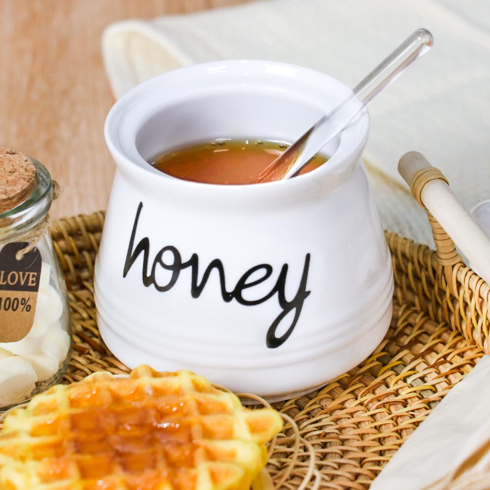 Swetwiny Ceramic Honey Pot with Dipper, 12oz Ceramic Honey Dispenser with Lid and Glass Honey Stick Porcelain Honey Container for Home Kitchen