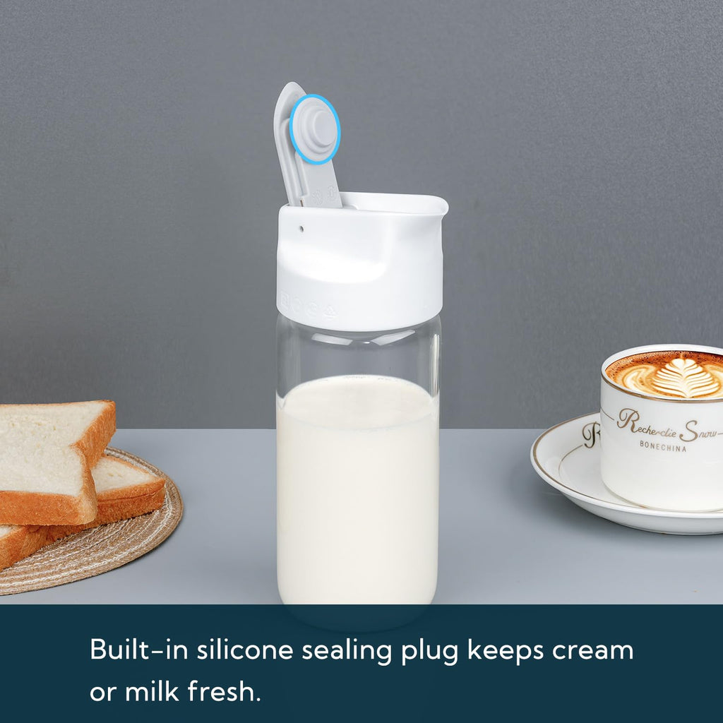 Glass Creamer with Fresh-Keeping Lock Mechanism, Drip-Free Spout, 12 oz Milk Pitcher with Lid, Borosilicate Glass Creamer Container, Dishwasher Safe