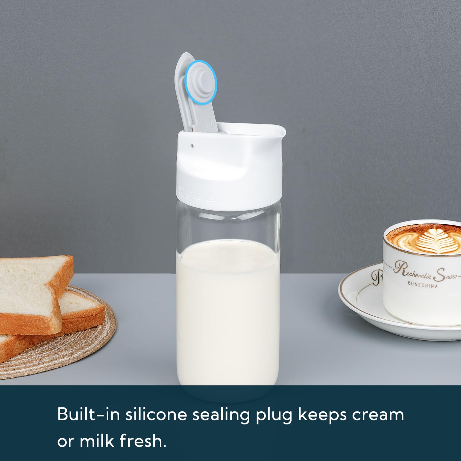 Glass Creamer with Fresh-Keeping Lock Mechanism, Drip-Free Spout, 12 oz Milk Pitcher with Lid, Borosilicate Glass Creamer Container, Dishwasher Safe